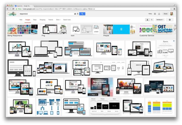 Выдача Google Images по запросу Отзывчивость. В ней фотографии разных устройств: планшетов, ноутбуков, телефонов.