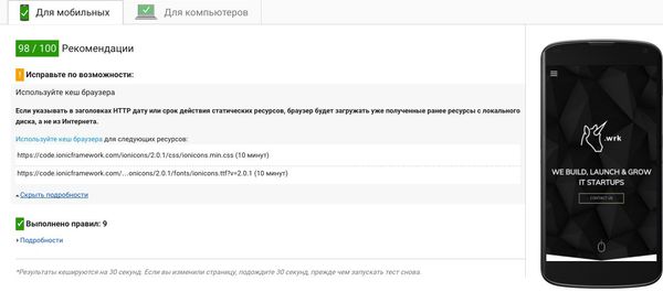 Результат работы PageSpeed.