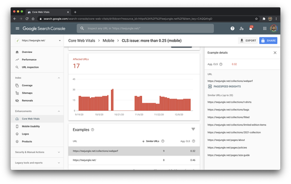 Google Search Console отображает страницы, на которых есть проблемы с CLS.