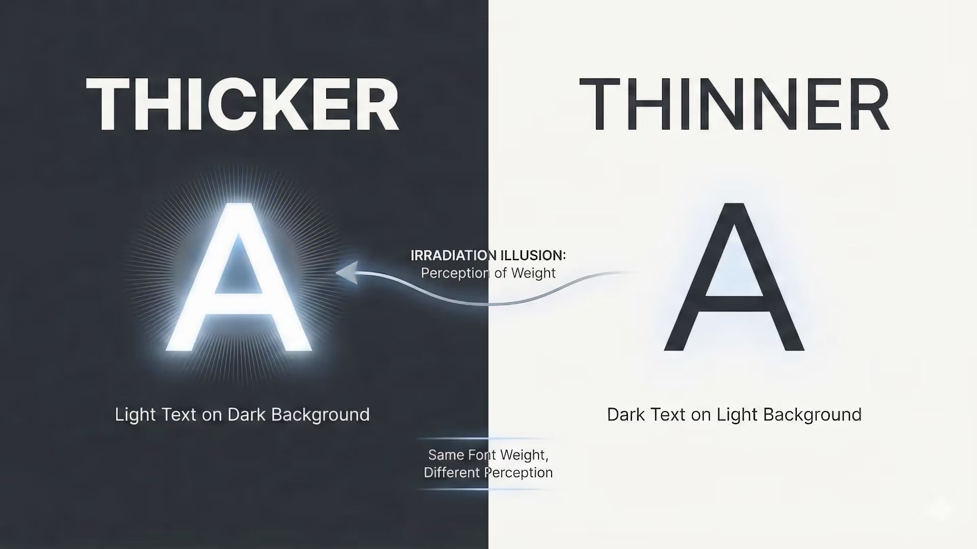 Thicker. Thinner. Irradiation illusion: perception of weight. A light text on dark background. Dark text on light background. Same font weight, different perception.