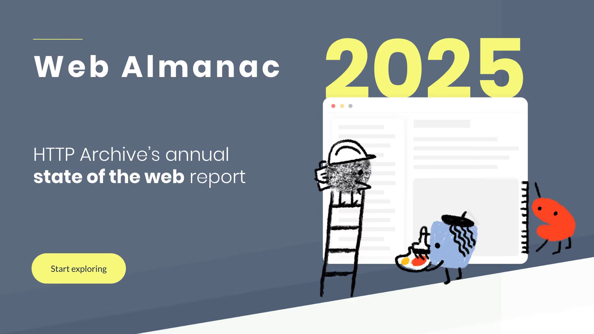 Illustration with the text “Web Almanac 2025” and “HTTP Archive’s annual state of the web report”, showing a large document and small characters beside it, and a “Start exploring” button.