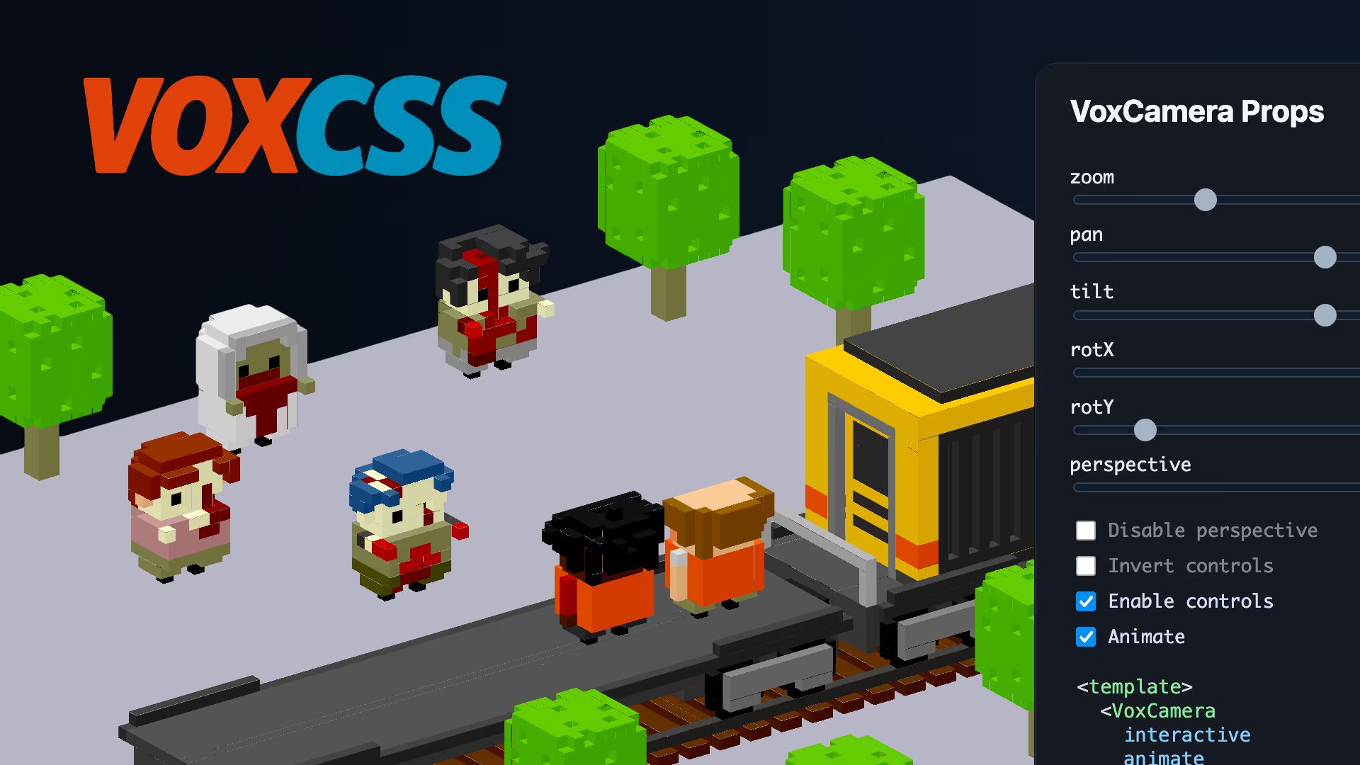 Isometric voxel scene with characters and a train, titled “VoxCSS”. A side panel reads “VoxCamera Props” with controls labeled “zoom”, “pan”, “tilt”, “rotX”, “rotY”, and “perspective”.