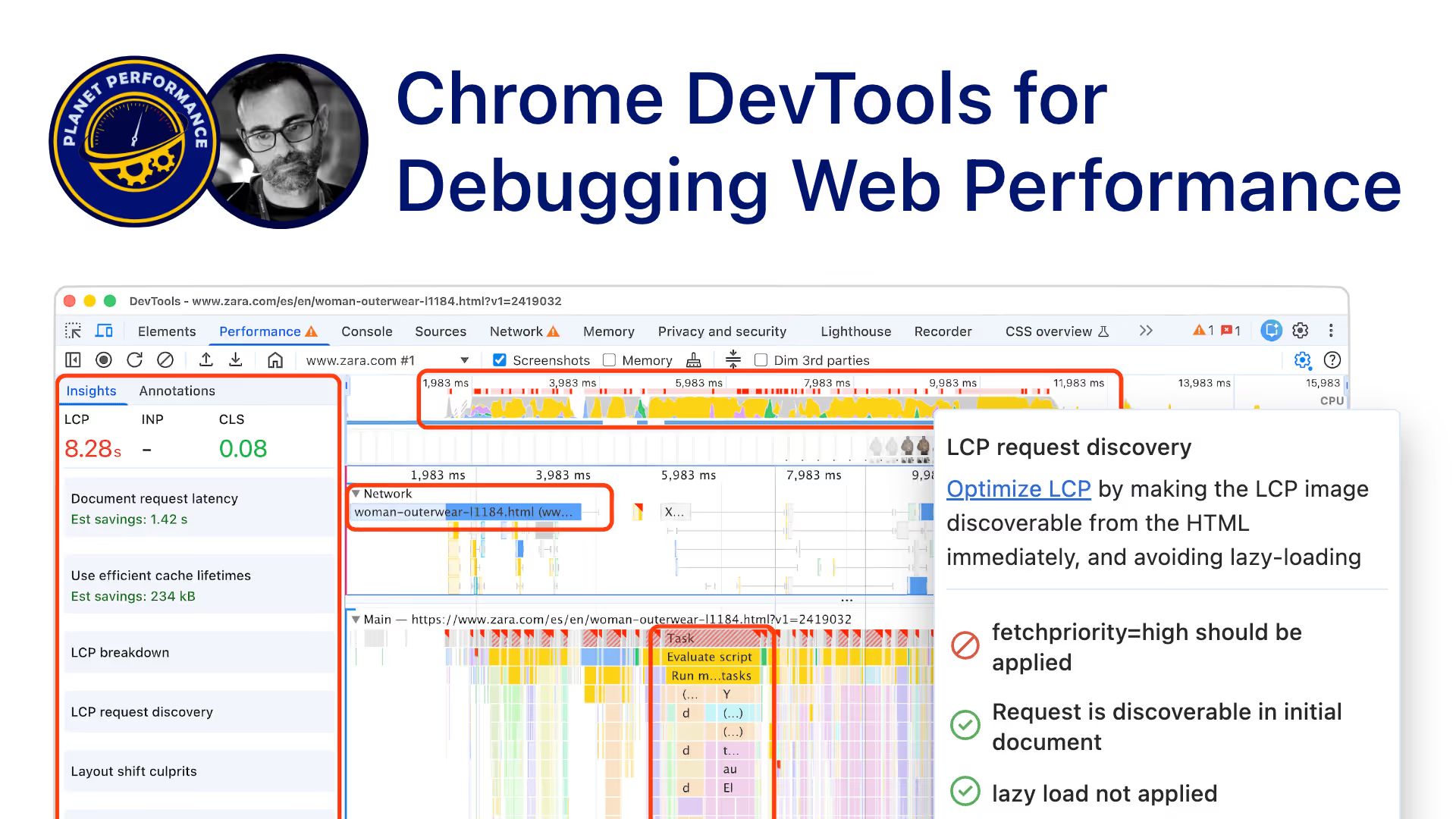 Graphic titled “Chrome DevTools for Debugging Web Performance”, with a DevTools performance timeline screenshot and panels labeled “Insights”, “LCP request discovery”, and metrics like “LCP 8.28s”.