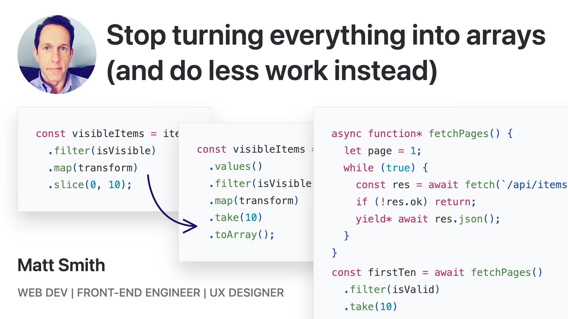 Author photo beside the “Stop turning everything into arrays (and do less work instead)” title. Code snippets with an arrow. Matt Smith, web dev, front-end engineer, UX designer.