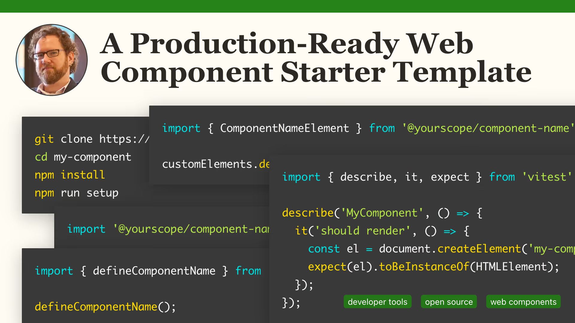 Graphic with headline “A Production-Ready Web Component Starter Template”, accompanied by code snippets and tags reading “developer tools”, “open source”, and “web components”.
