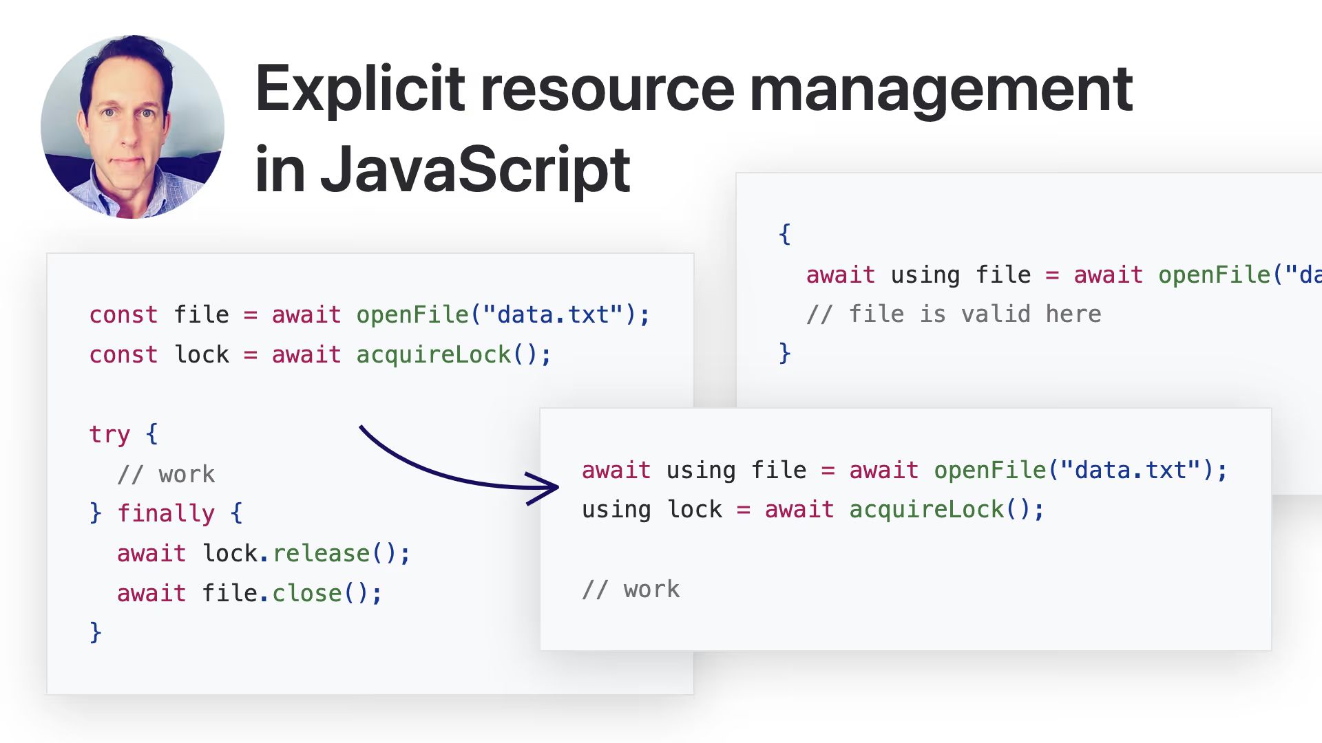 Author photo beside the headline “Explicit resource management in JavaScript”, with code snippets and an arrow connecting them.