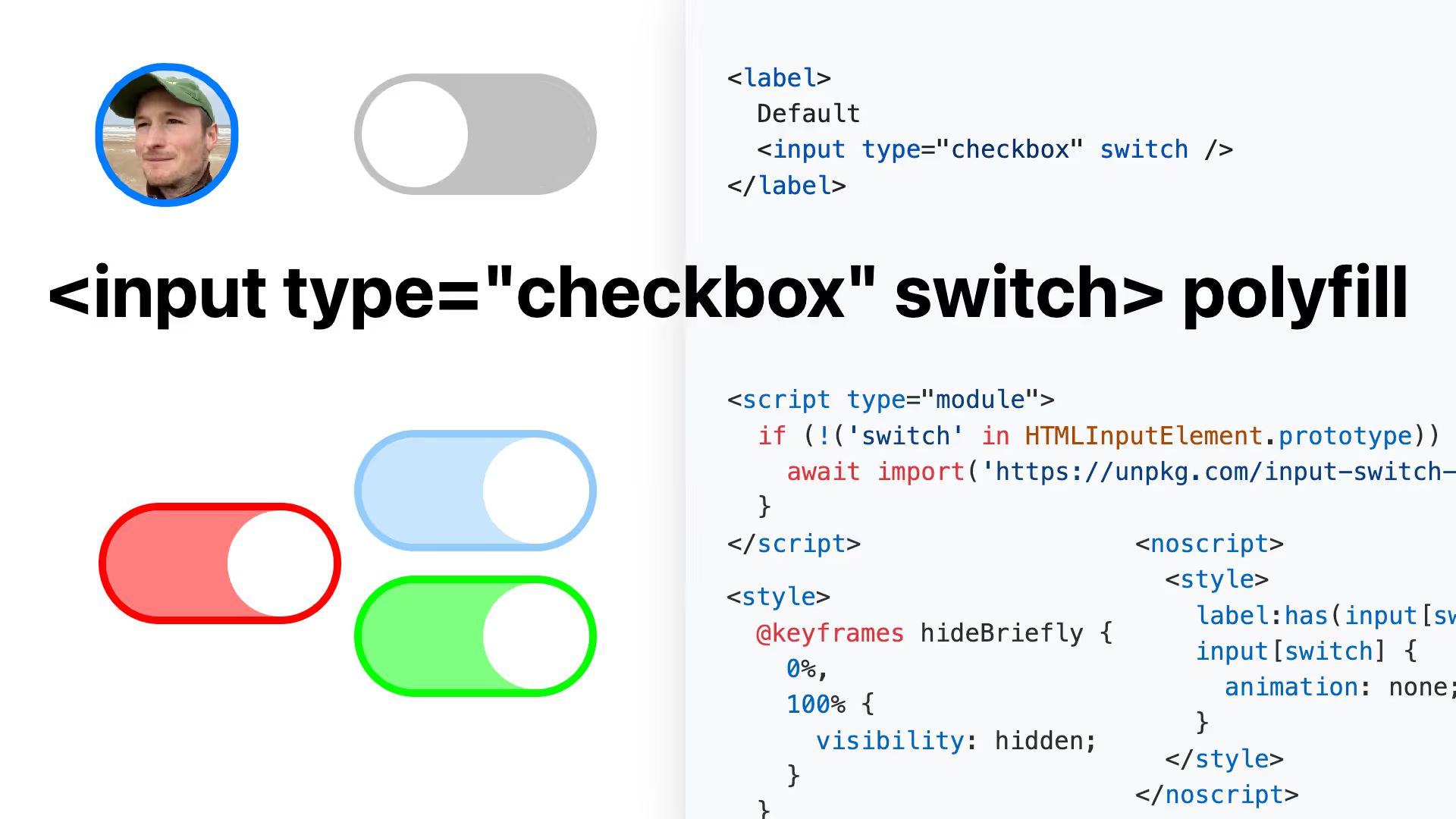 Author photo, several toggle switches with different color, and code snippets around the headline “input type=checkbox switch polyfill”.