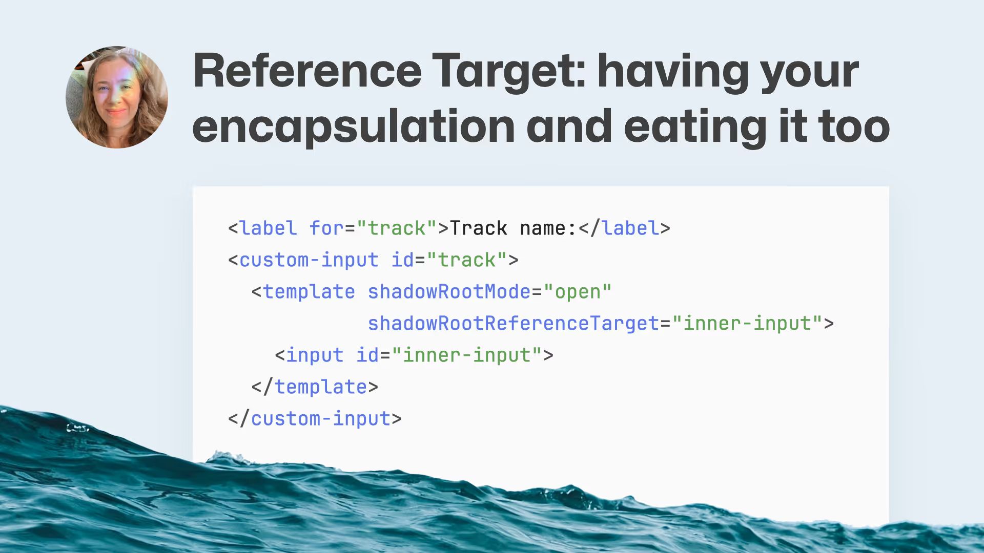 Author’s photo beside the headline “Reference Target: having your encapsulation and eating it too”, with a code snippet in the center and ocean waves along the bottom.