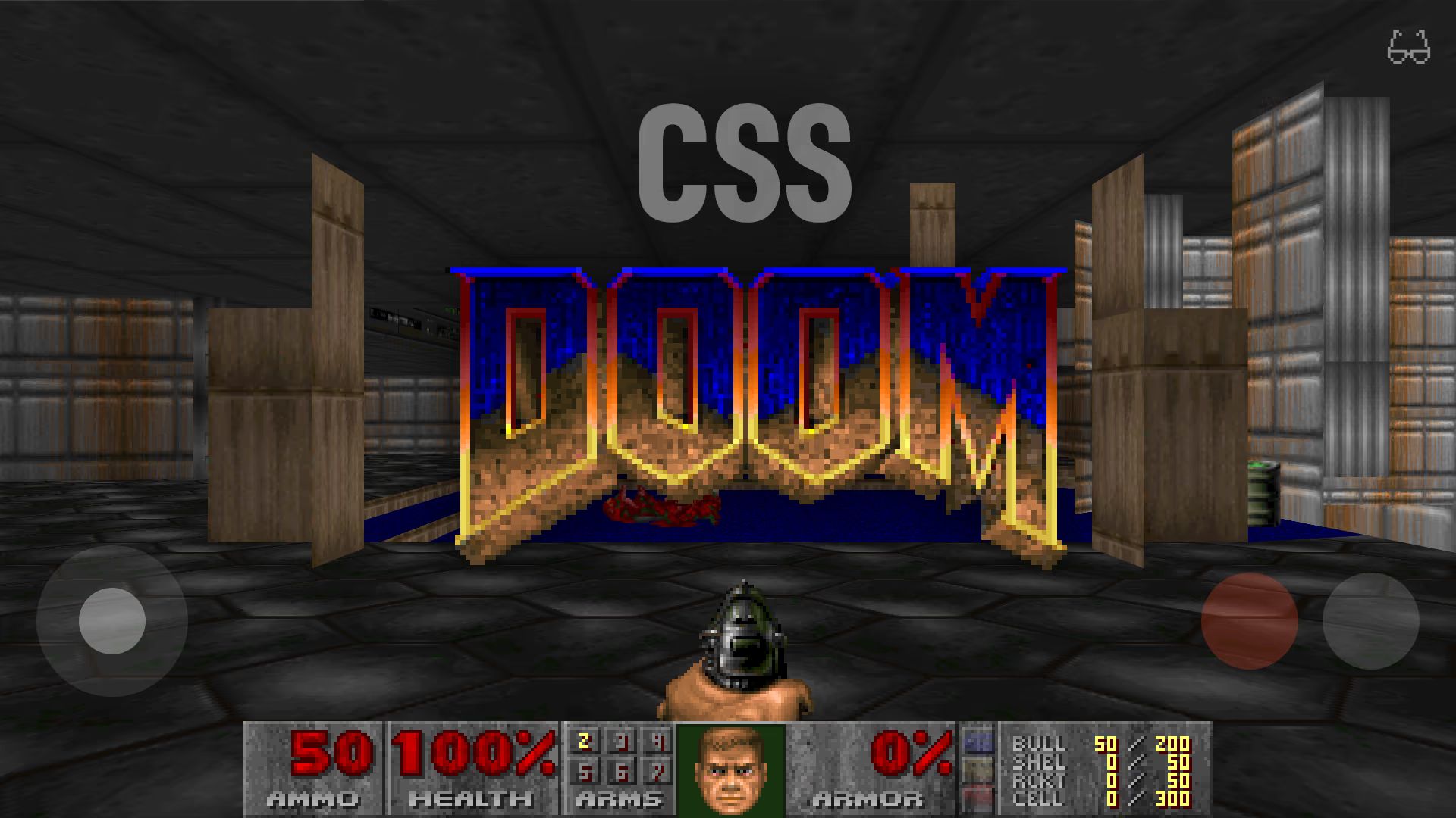 DOOM game scene with CSS text above the classic DOOM logo, HUD showing 50 ammo, 100% health, 0% armor.