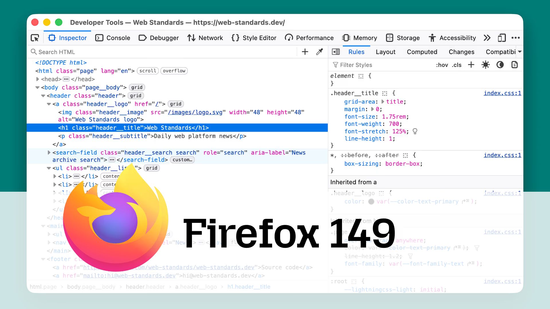 Screenshot of browser developer tools with a large Firefox logo overlaid and the text “Firefox 149”.