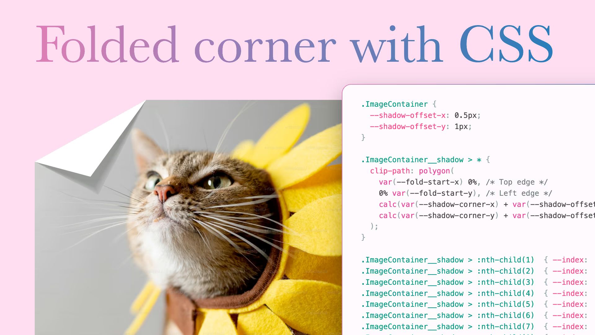 “Folded corner with CSS” title, a cat photo with a folded corner effect, and CSS code with .ImageContainer shadow and clip-path properties.