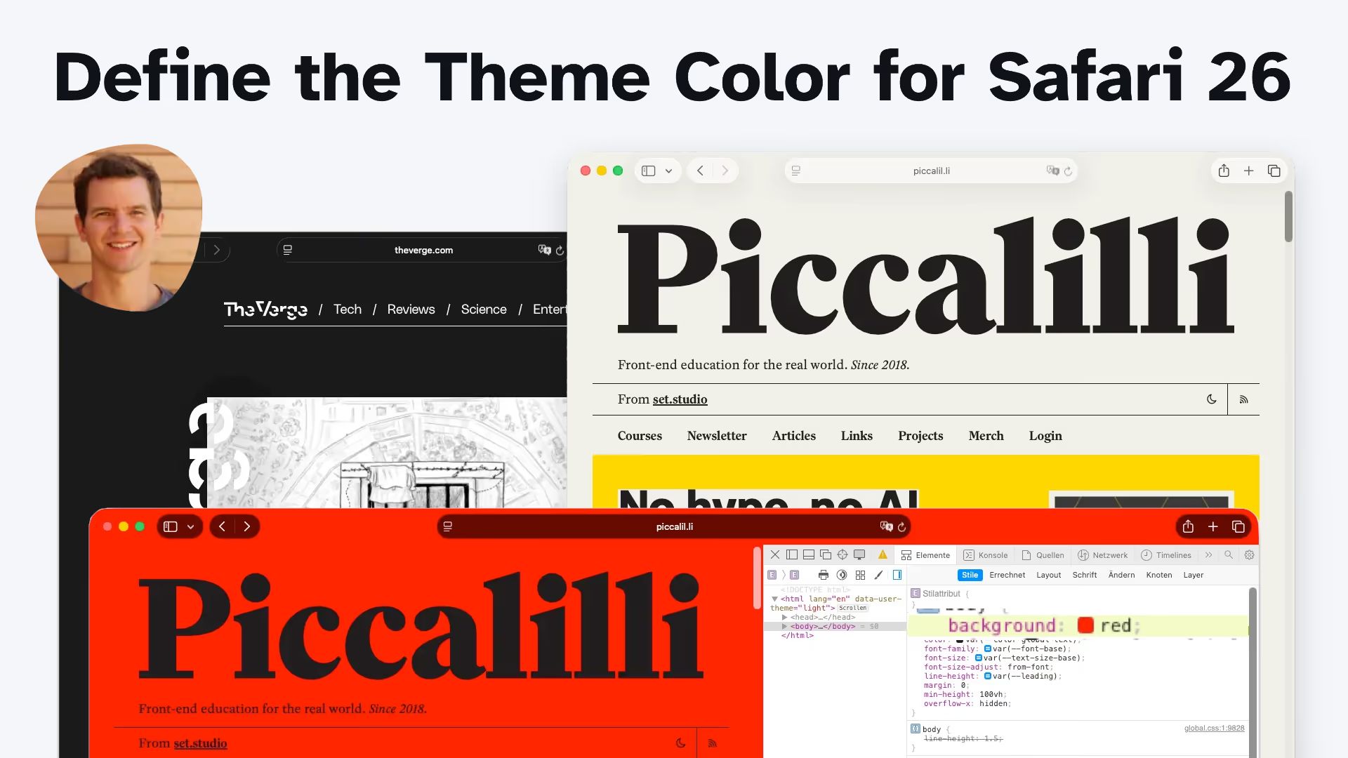 “Define the Theme Color for Safari 26” title, author’s photo, three Safari windows showing The Verge with dark chrome, Piccalilli with white and red chrome, DevTools with background: red.