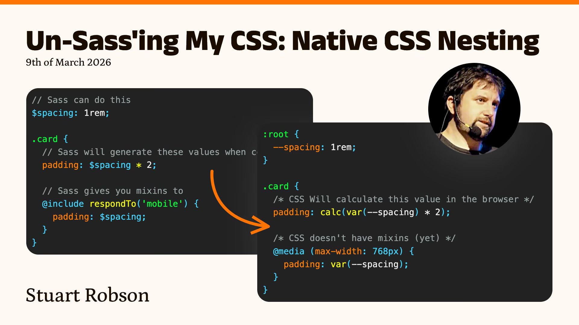 “Un-Sass’ing My CSS: Native CSS Nesting” title, author’s photo, Sass code with $spacing variable and .card mixin on the left, native CSS with custom property and @media query on the right.