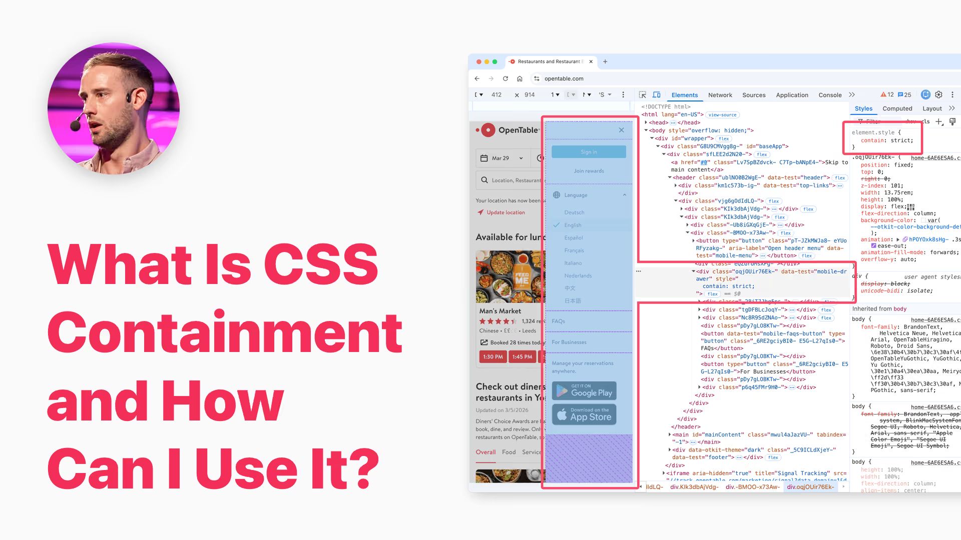 “What Is CSS Containment and How Can I Use It?” title, author’s photo, and OpenTable mobile site with DevTools showing contain: strict.
