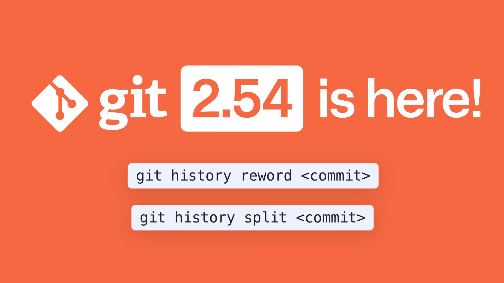 Git logo, “git 2.54 is here!” text, git history reword <commit> and git history split <commit> commands.