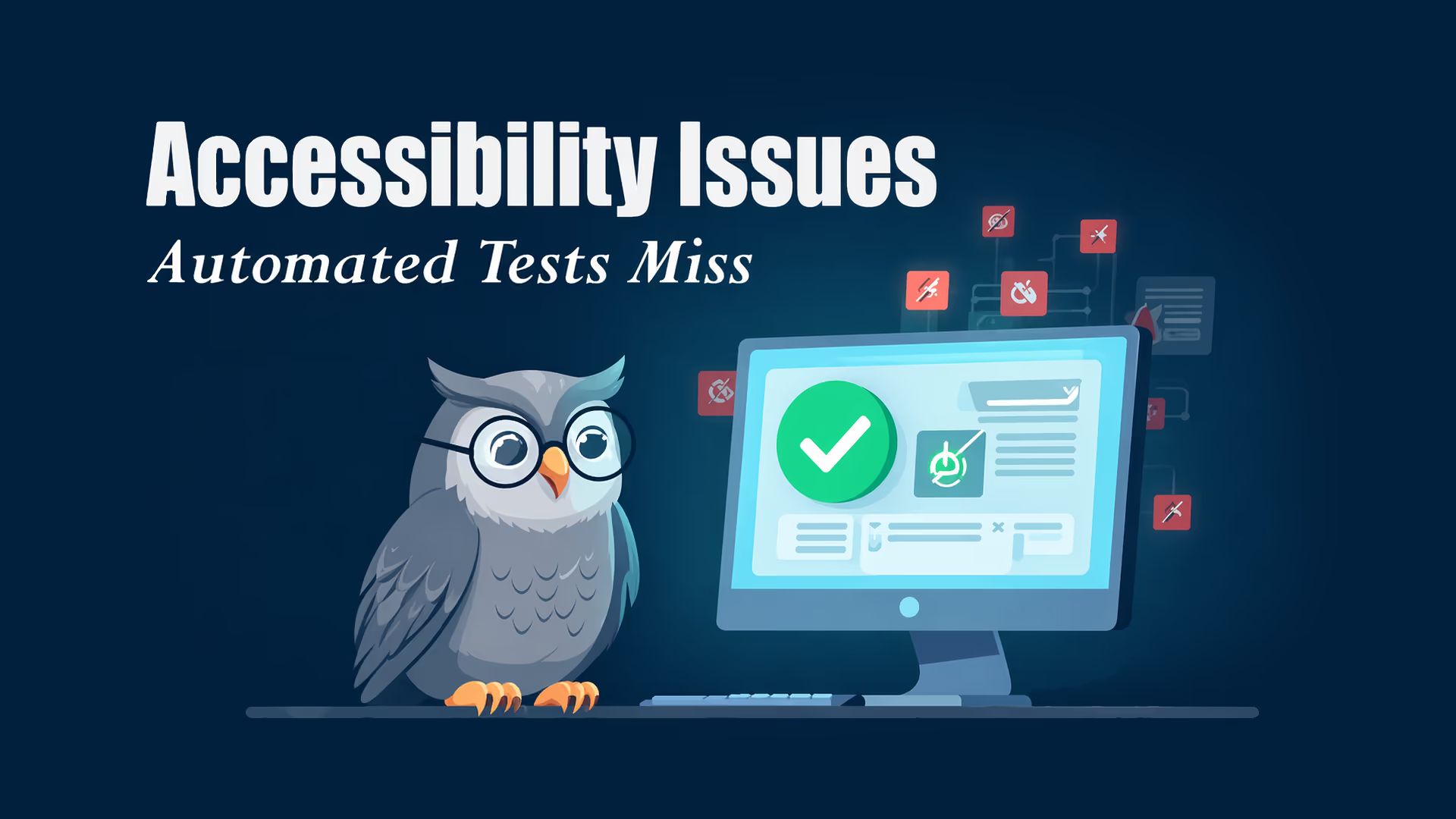 “Accessibility Issues Automated Tests Miss” title, an owl with glasses at a computer with a green checkmark on the monitor and red warning icons in the background.