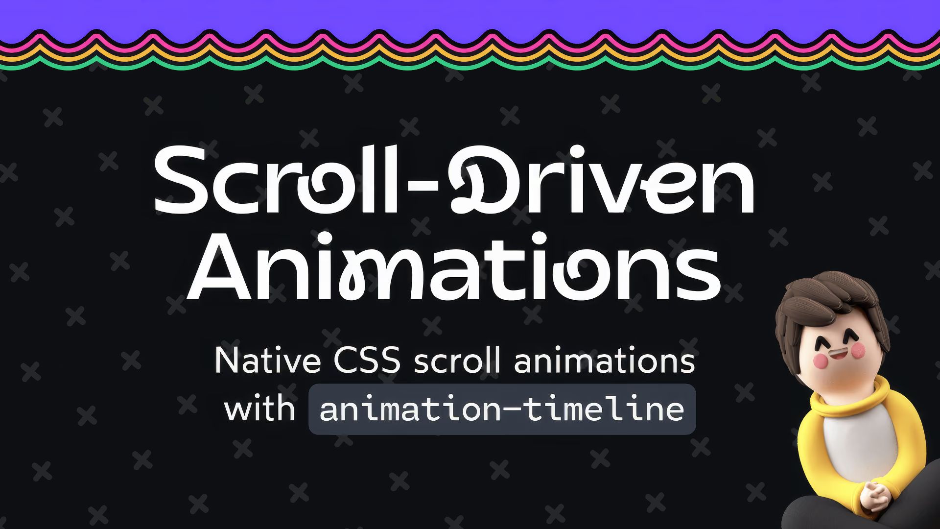Scroll-Driven Animations title with subtitle “Native CSS scroll animations with animation-timeline”, and a cartoon character of Josh Comeau on the right.