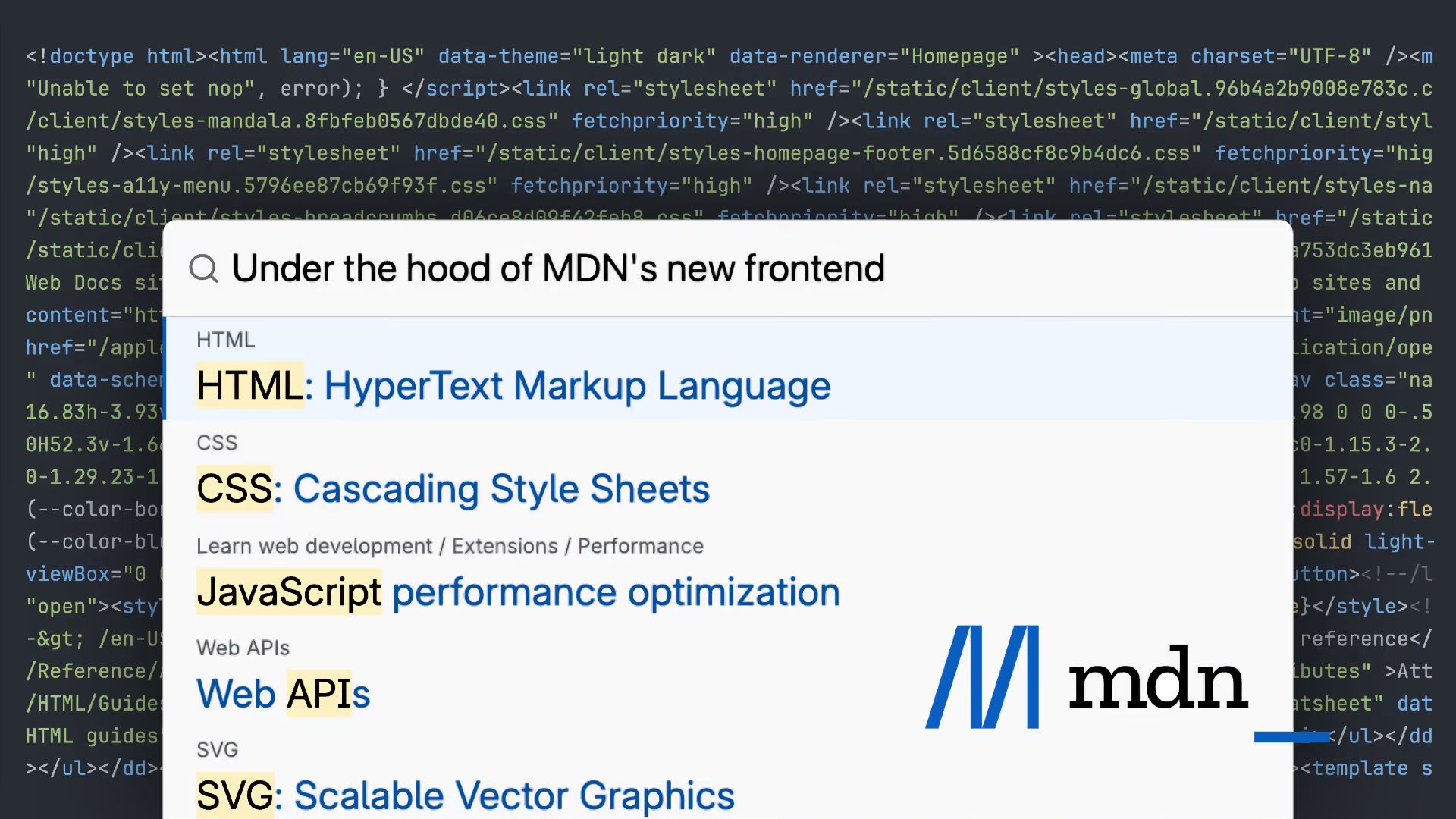 MDN search for “Under the hood of MDN’s new frontend” with results for HTML, CSS, JavaScript performance optimization, Web APIs, and SVG over HTML source code. MDN logo in the corner.