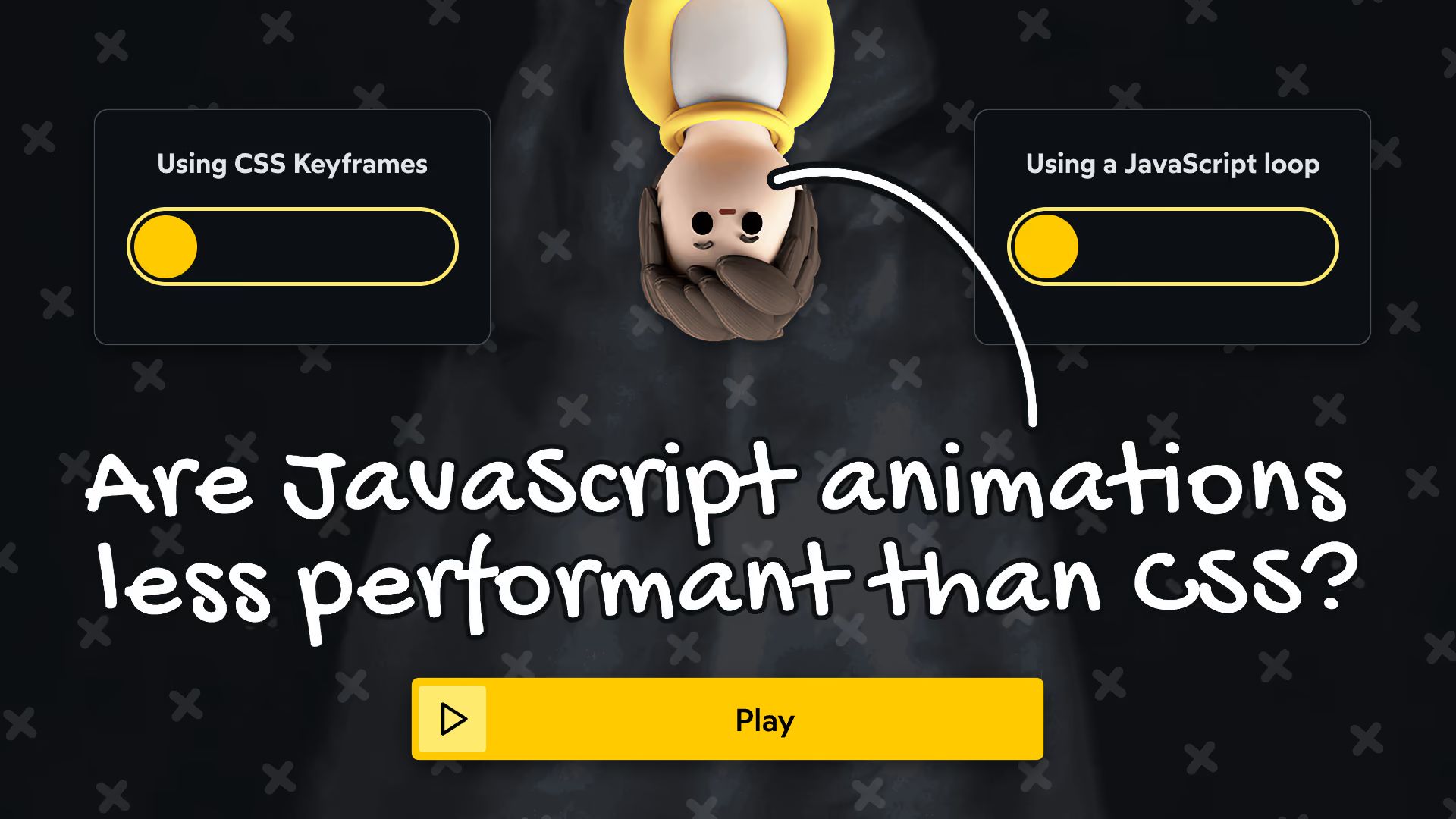 Two boxes labeled “Using CSS Keyframes” and “Using a JavaScript loop” with sliders, an upside-down character between them, a Play button, and “Are JavaScript animations less performant than CSS?”