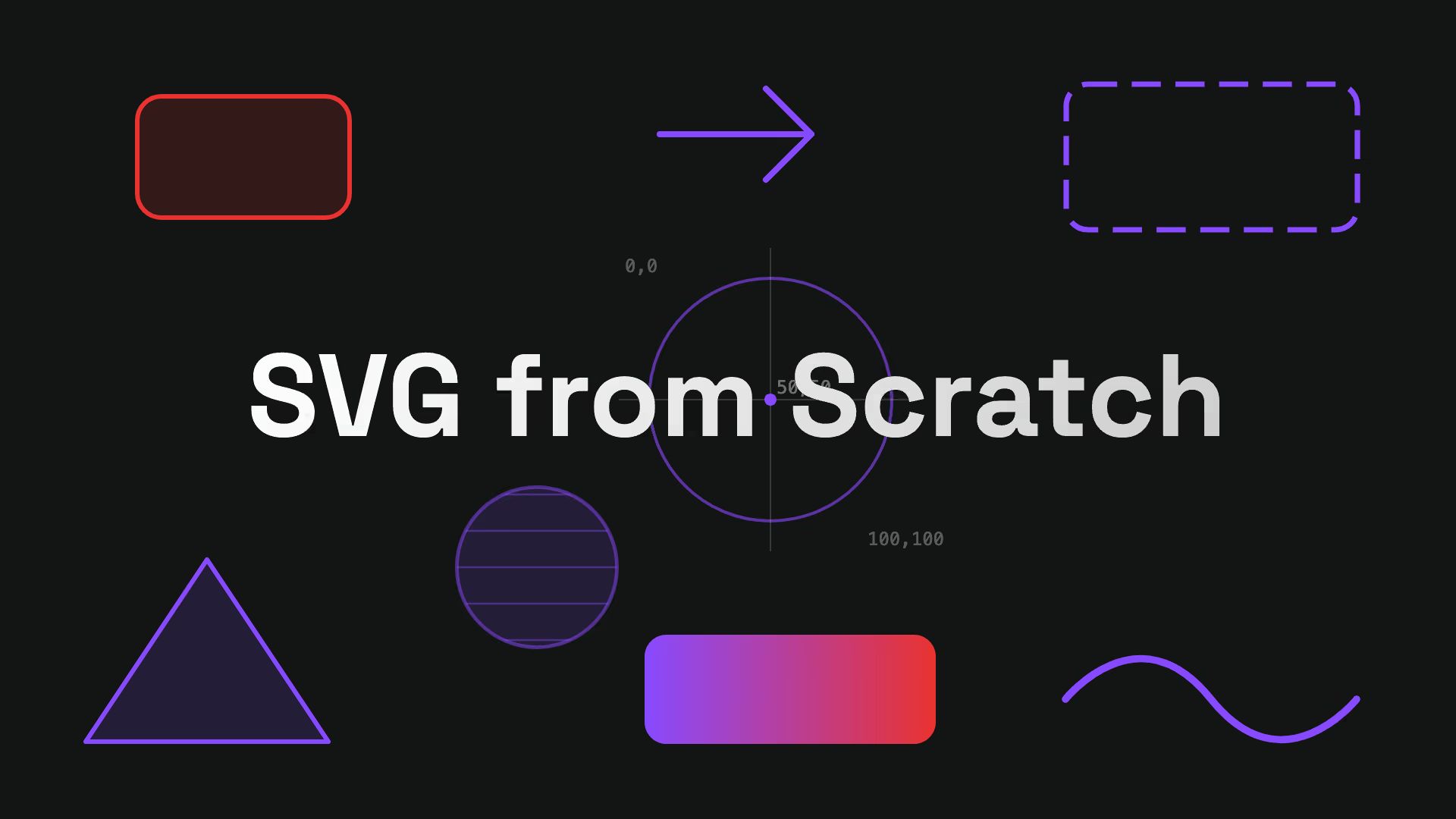 “SVG from Scratch” title surrounded by shapes: red rounded rectangle, arrow, dashed rectangle, circle marked 0,0 / 50,50 / 100,100, triangle, striped circle, gradient pill, and wavy line.