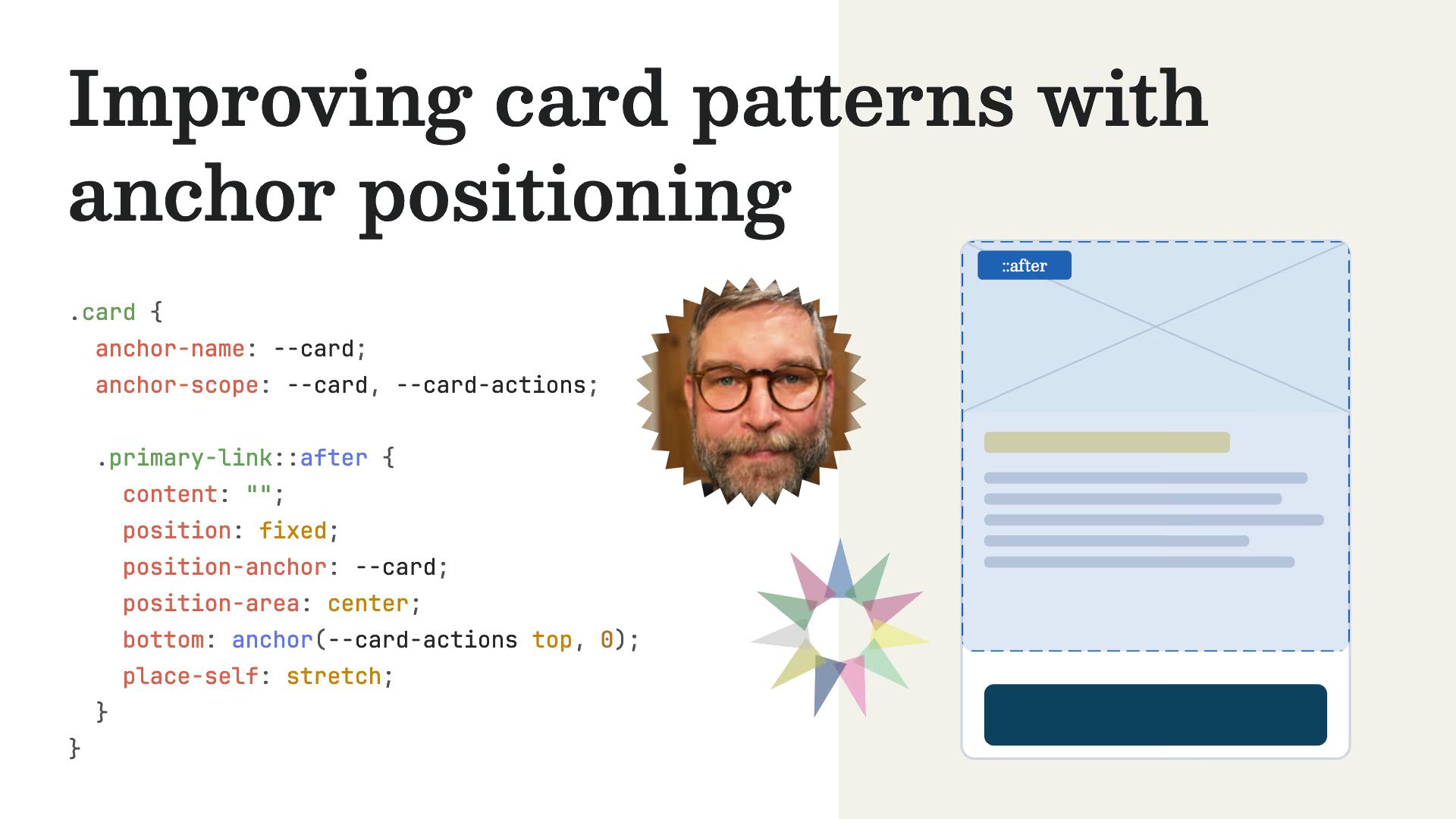 The title “Improving card patterns with anchor positioning” beside CSS code and a card mockup with a dashed ::after overlay stopping above a dark button.