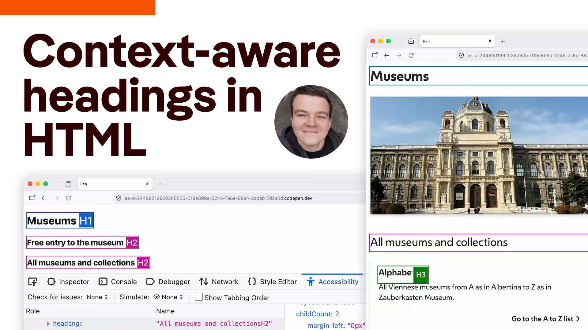 Title “Context-aware headings in HTML” next to the author’s photo, with two browser windows showing nested headings labeled H1, H2, and H3 in the Firefox accessibility inspector.