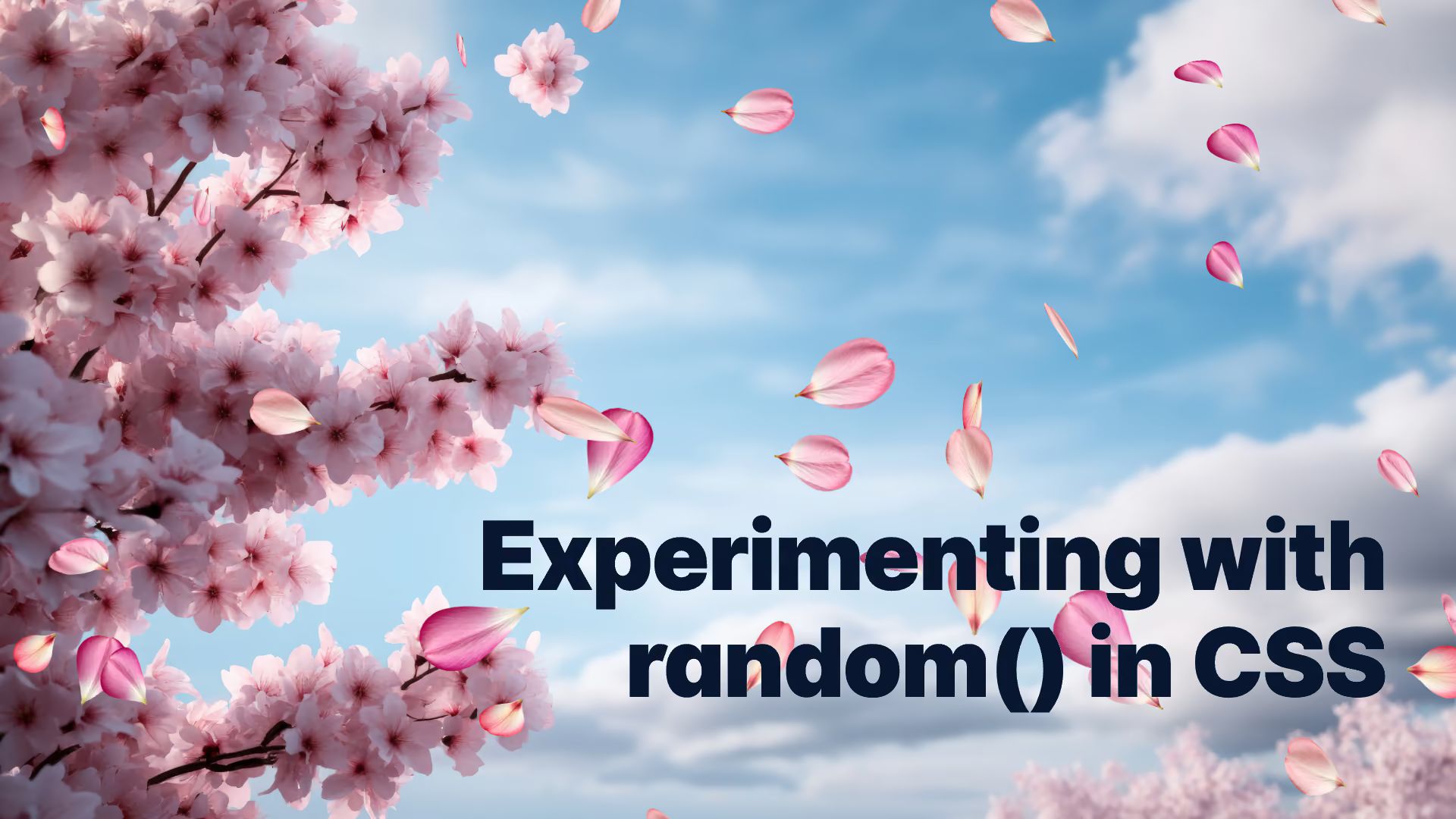 Cherry blossom branches with petals falling across a blue sky, and the title “Experimenting with random() in CSS”.
