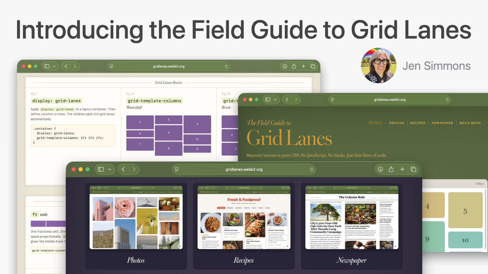 Title “Introducing the Field Guide to Grid Lanes” next to Jen Simmons’ photo, browser windows showing Waterfall and Brick layouts and Photos, Recipes, Newspaper demos.