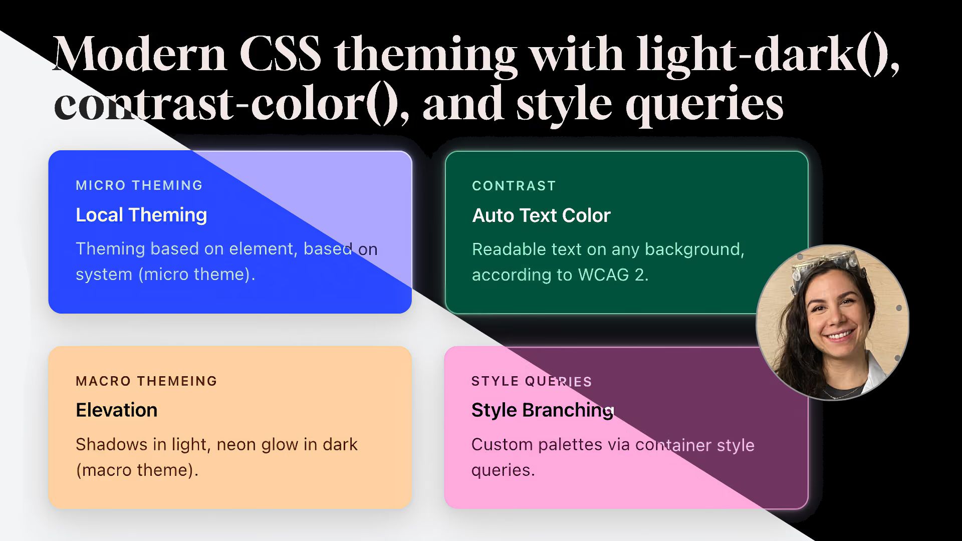 Title “Modern CSS theming with light-dark(), contrast-color(), and style queries” above four cards: Local Theming, Auto Text Color, Elevation, Style Branching, beside Una Kravets’ photo.