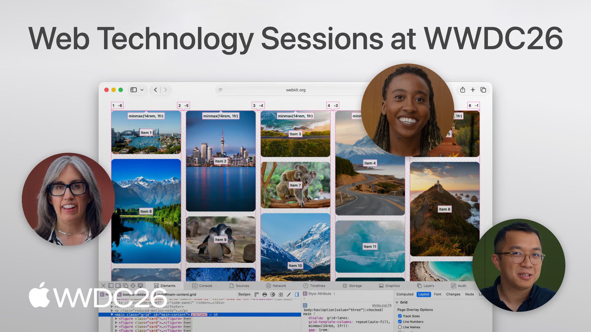 Title “Web Technology Sessions at WWDC26” above a Safari window showing a photo grid with the grid-lanes inspector overlay, three presenter portraits, and the WWDC26 logo.