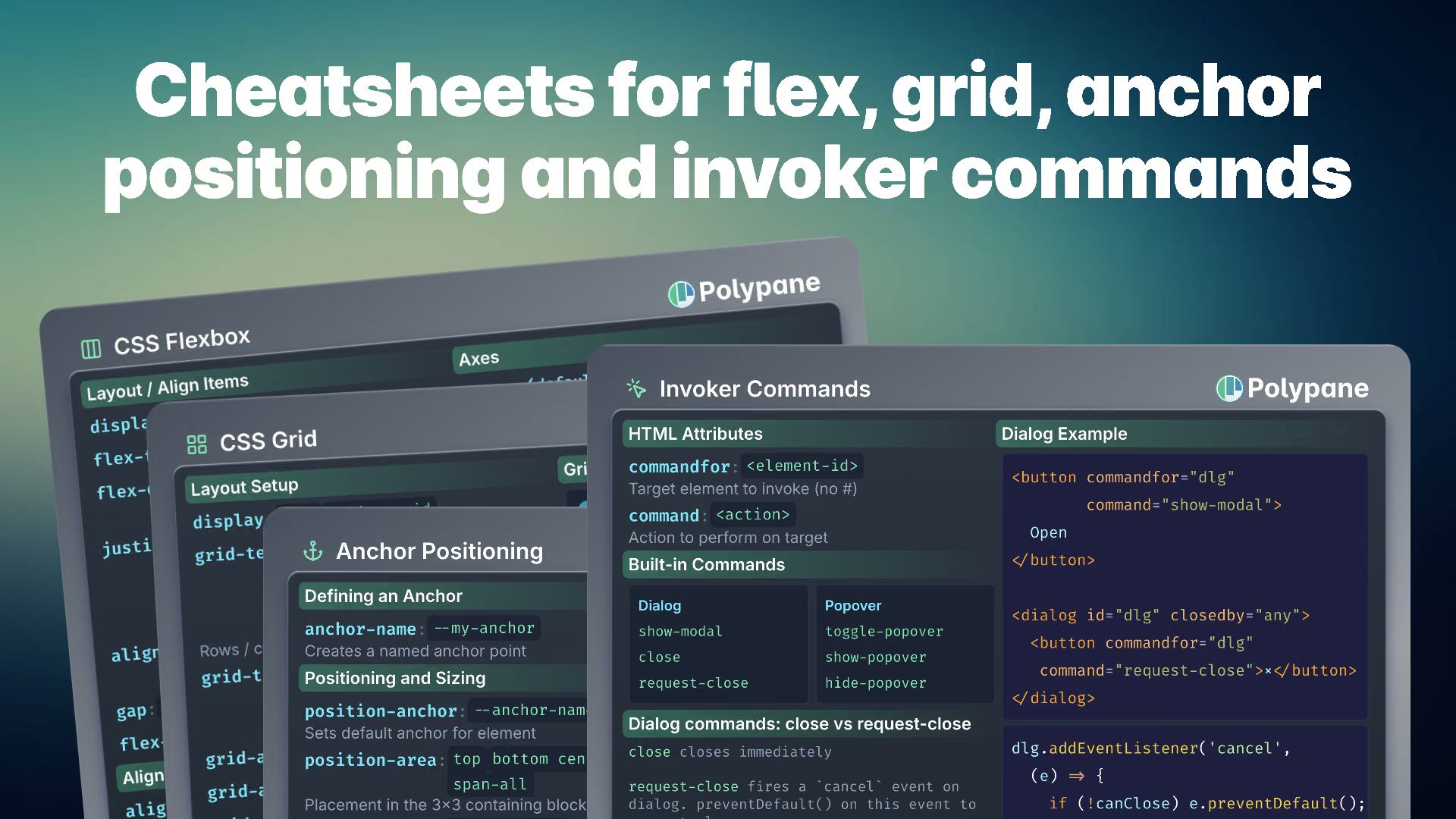Title “Cheatsheets for flex, grid, anchor positioning and invoker commands” and four overlapping Polypane cheatsheet cards: CSS Flexbox, CSS Grid, Anchor Positioning, and Invoker Commands.