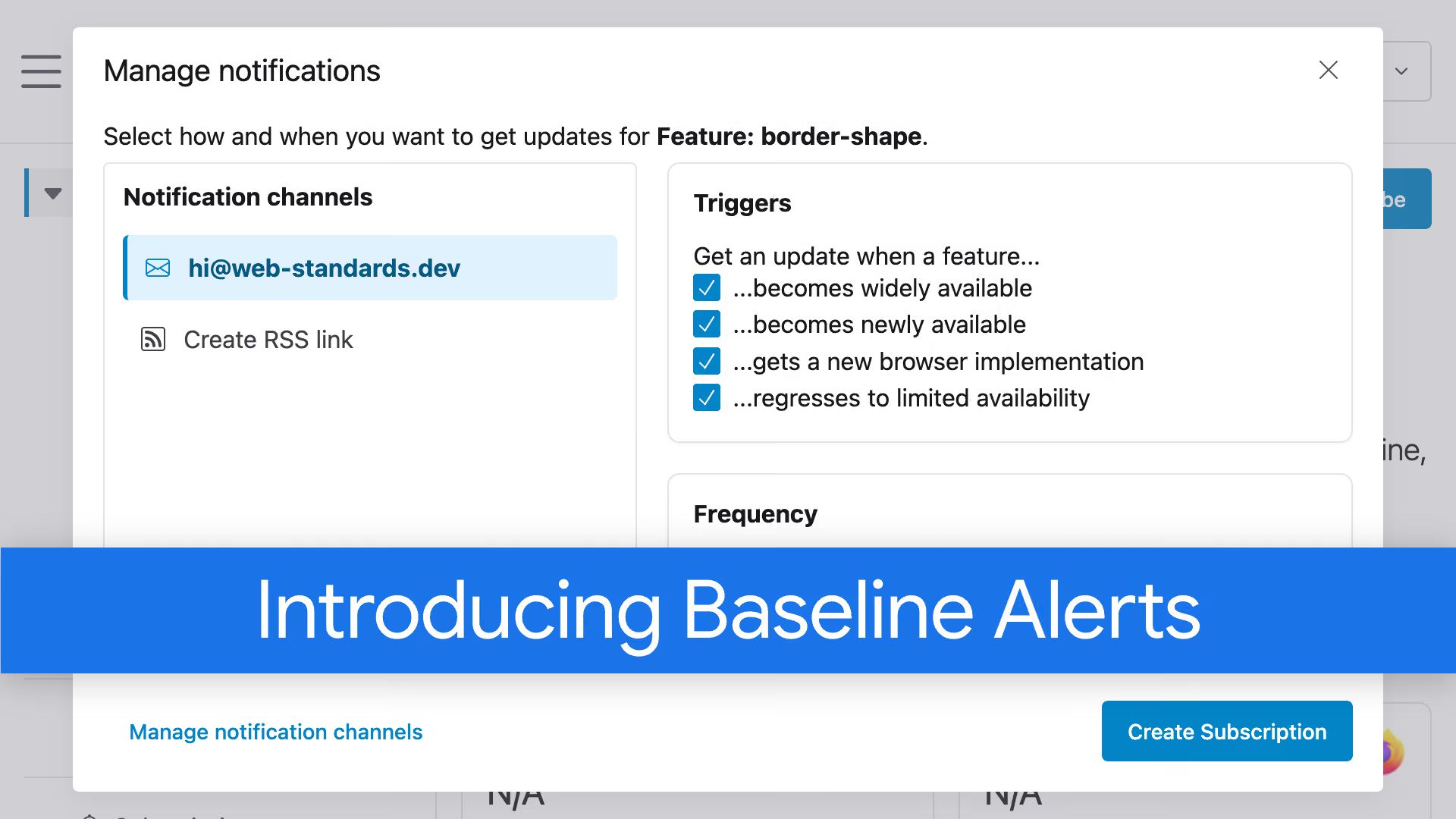 A “Manage notifications” dialog with notification channels and triggers such as “…becomes widely available”, below the title “Introducing Baseline Alerts”.