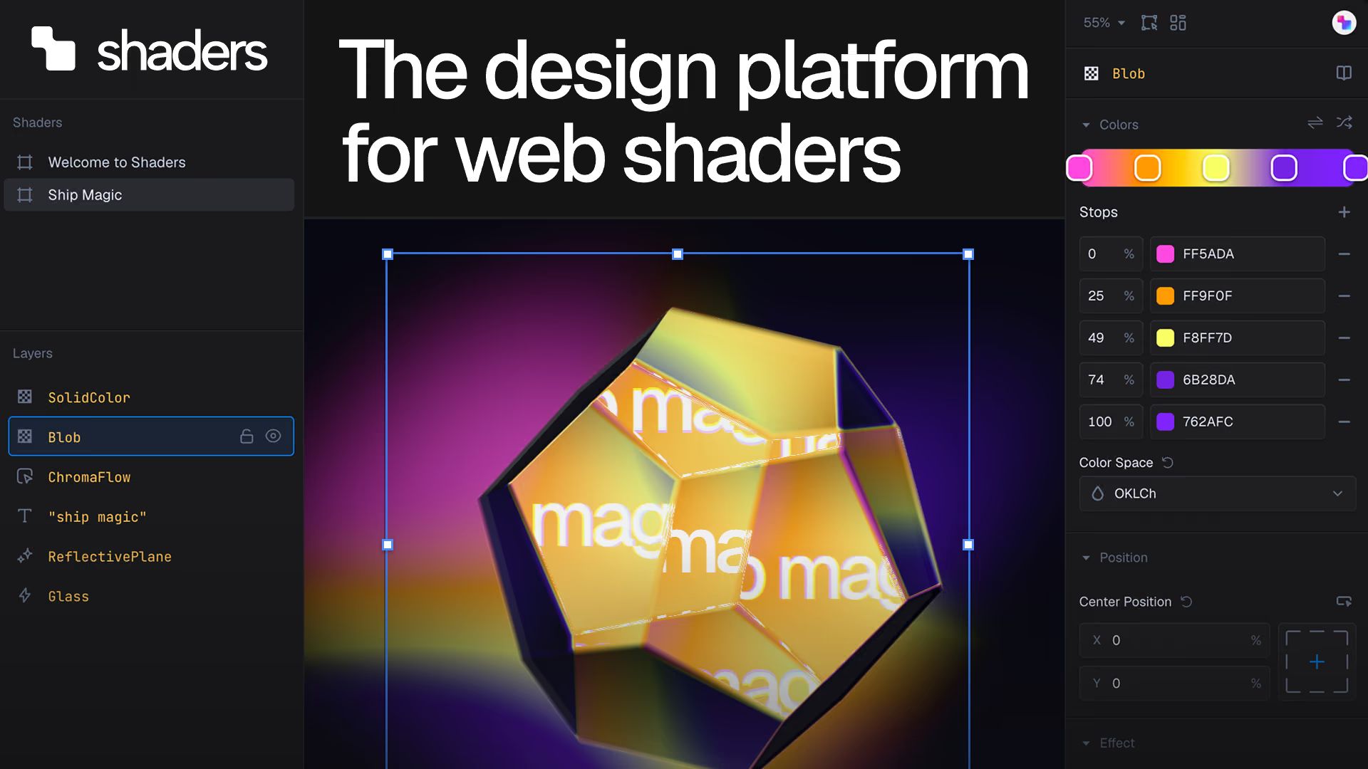 The design platform for web shaders title beside the Shaders visual editor, showing a glossy golden dodecahedron on a purple gradient with layers and colour-stop panels.