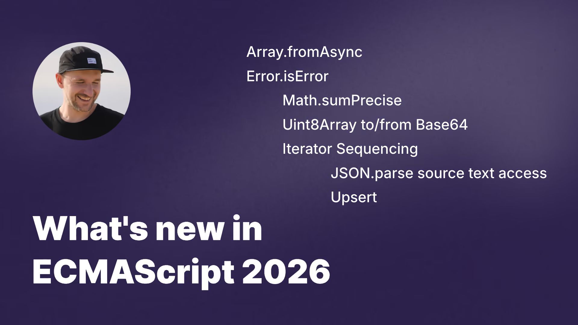 What’s new in ECMAScript 2026. A list of features: Array.fromAsync, Error.isError, Math.sumPrecise, Uint8Array to/from Base64, Iterator Sequencing, JSON.parse source text access, Upsert.