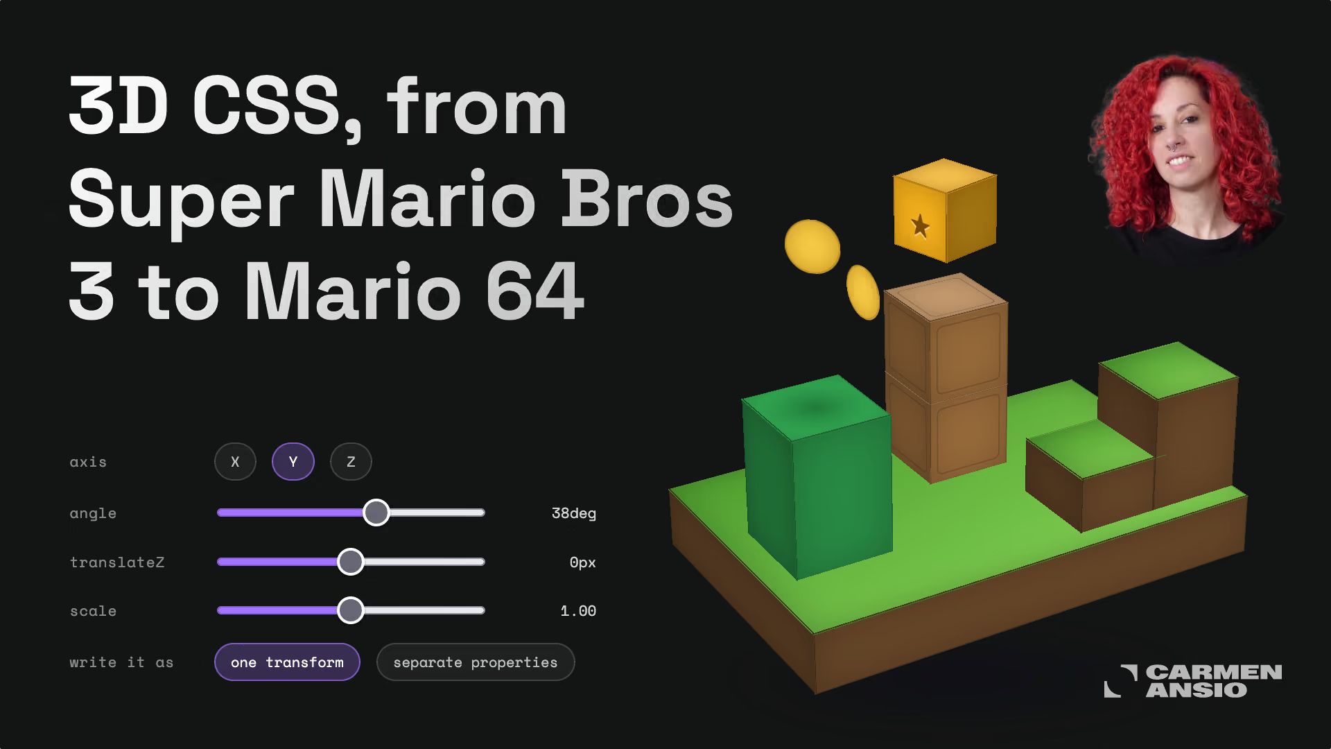 Title “3D CSS, from Super Mario Bros 3 to Mario 64” with axis, angle, translateZ, and scale sliders beside an isometric 3D scene of green and brown blocks, coins, and a star cube.