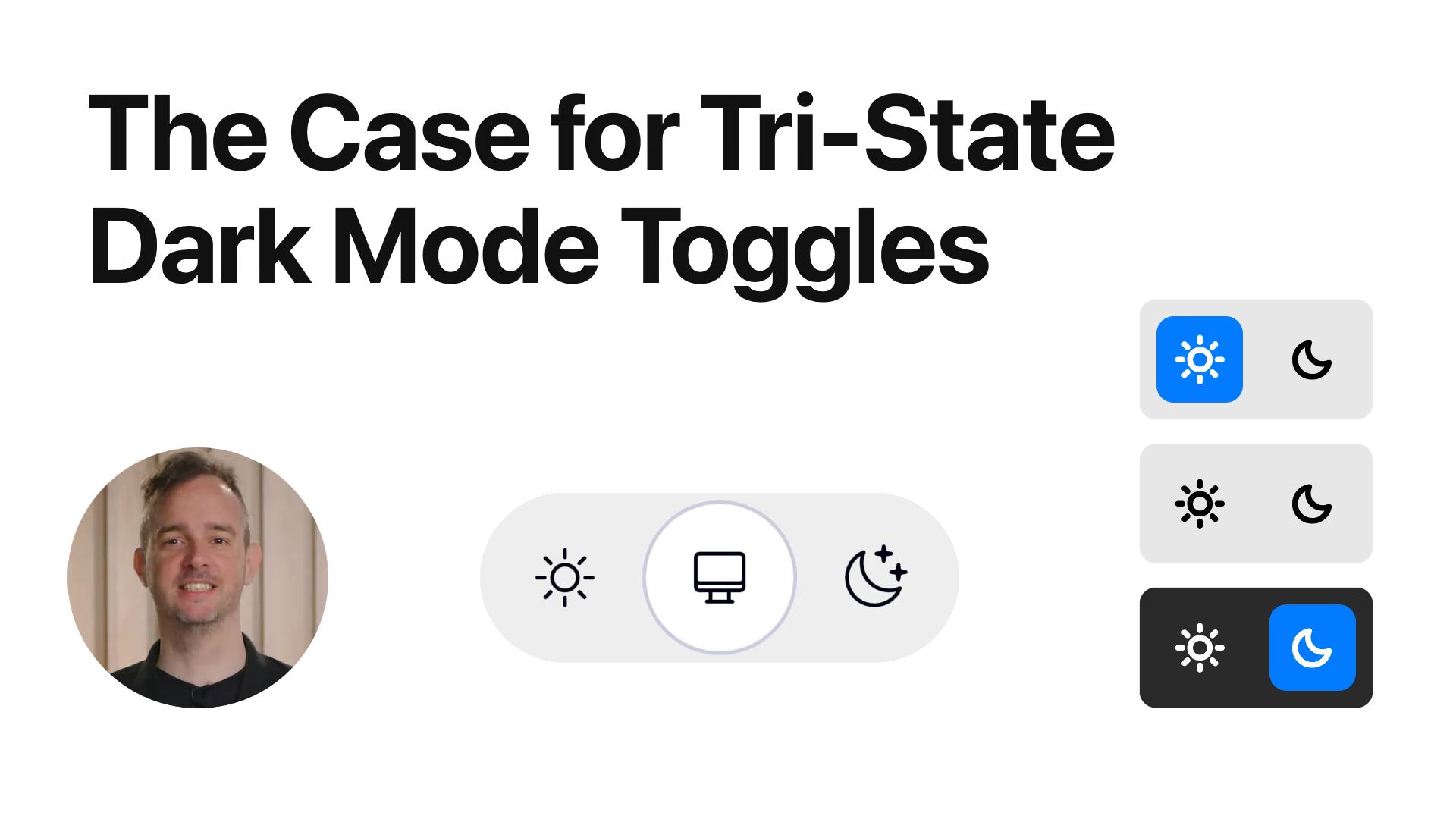 Title “The Case for Tri-State Dark Mode Toggles”, the author’s photo, a pill control with sun, monitor, and moon icons with the monitor selected, and three two-state sun and moon controls: sun highlighted, nothing highlighted, and moon highlighted on dark.