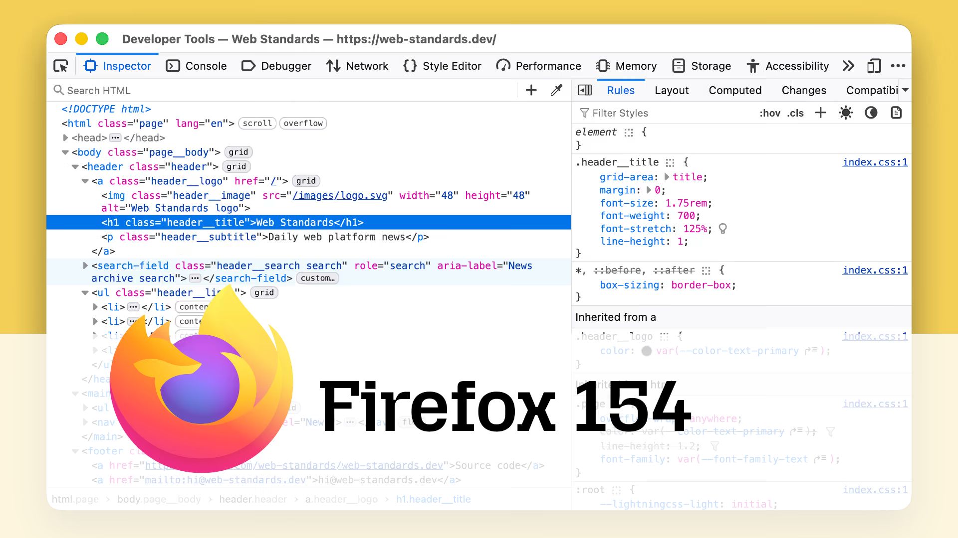 Screenshot of browser developer tools with the Inspector panel open on web-standards.dev, a large Firefox logo overlaid, and the text “Firefox 154”.