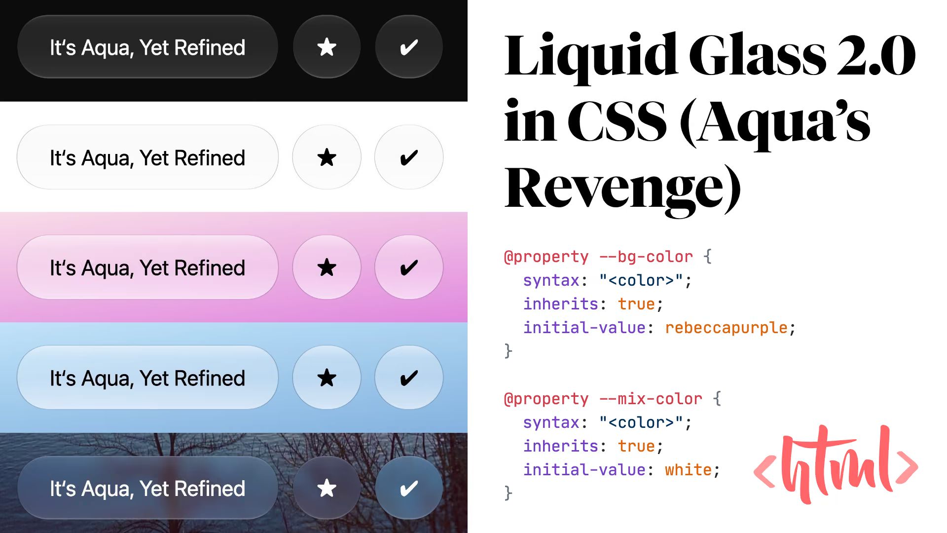 Title “Liquid Glass 2.0 in CSS (Aqua’s Revenge)”, a CSS @property snippet, and five glass buttons reading “It’s Aqua, Yet Refined” with star and check icons over different backgrounds.