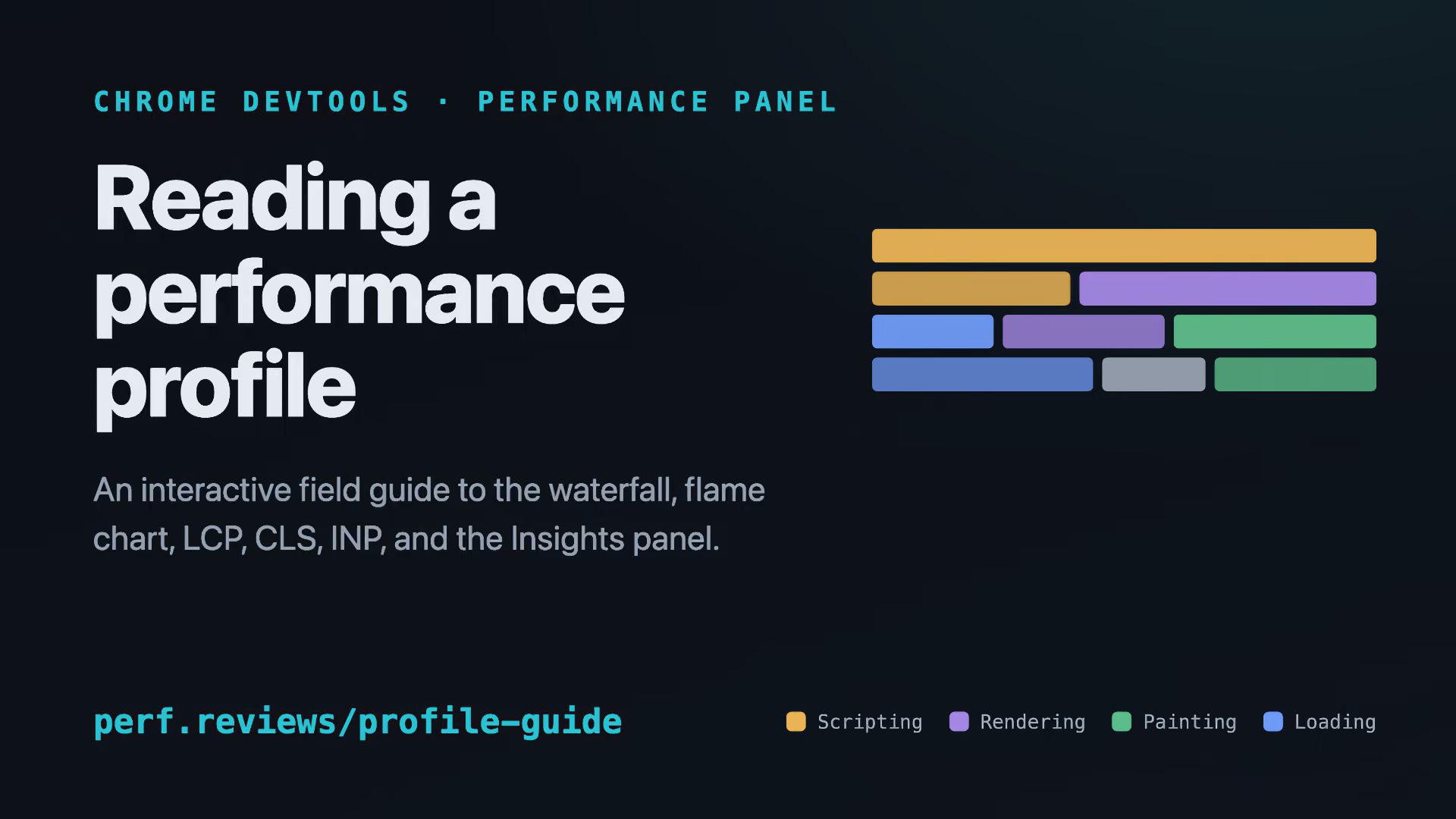 Label “Chrome DevTools. Performance Panel”, title “Reading a performance profile”, subtitle “An interactive field guide to the waterfall, flame chart, LCP, CLS, INP, and the Insights panel”.