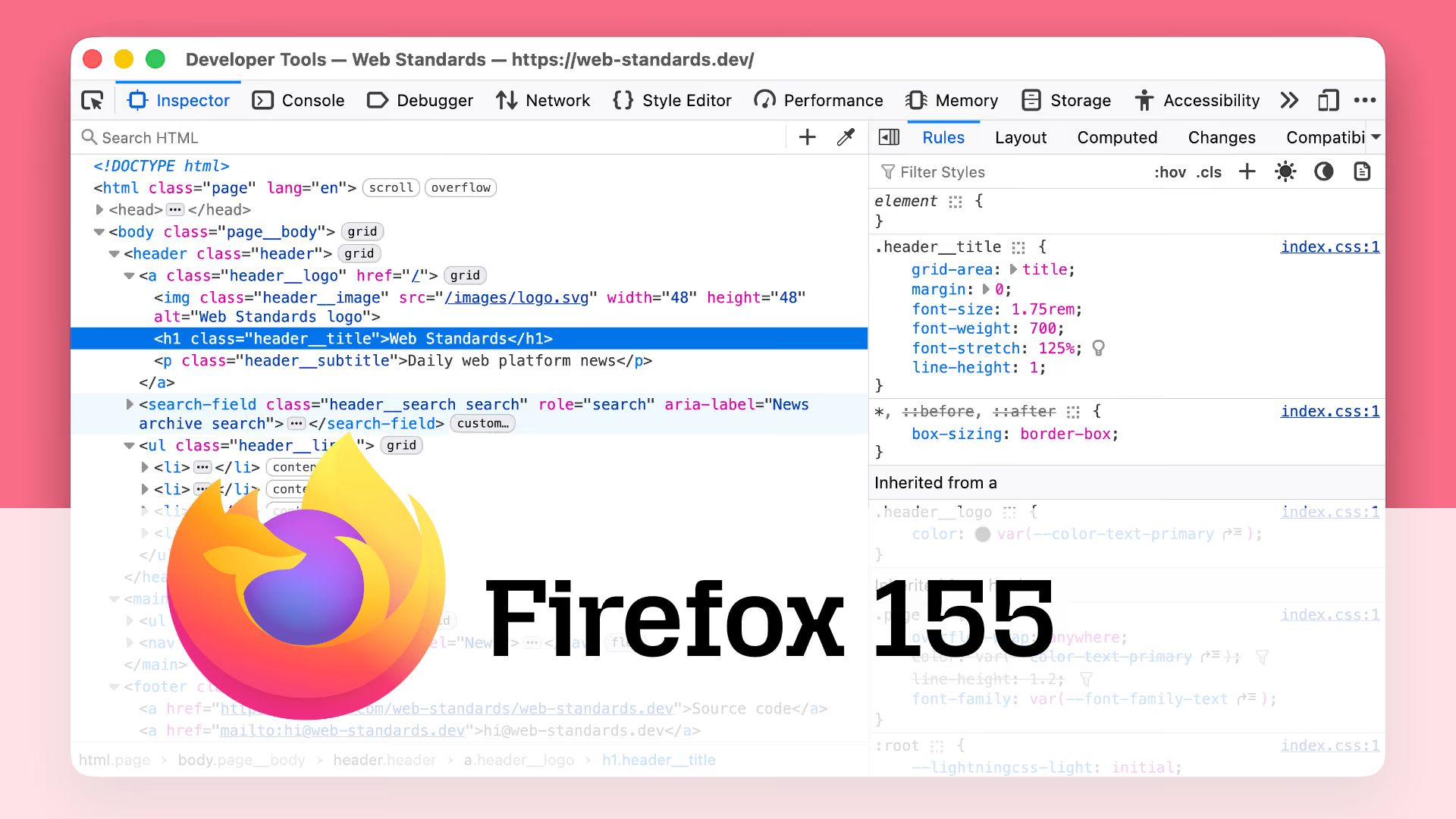 Screenshot of browser developer tools with the Inspector panel open on web-standards.dev, a large Firefox logo overlaid, and the text “Firefox 155”.
