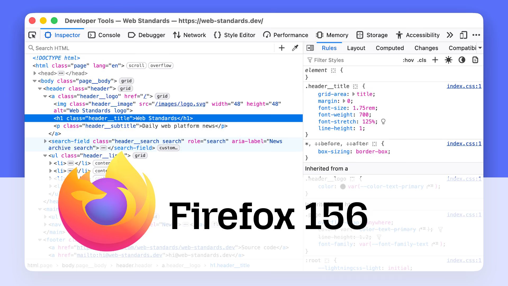 Screenshot of browser developer tools with the Inspector panel open on web-standards.dev, a large Firefox logo overlaid, and the text “Firefox 156”.
