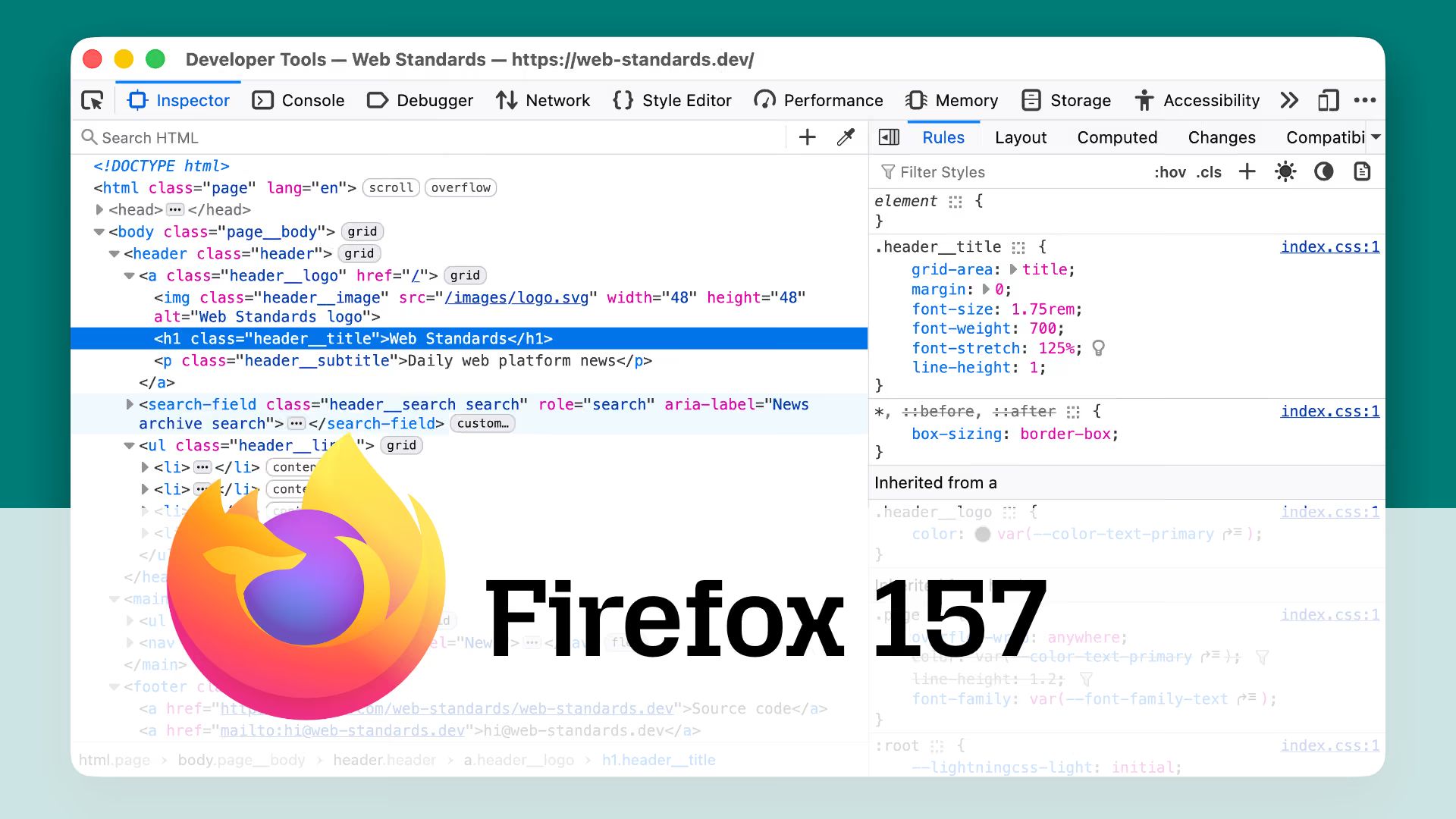 Screenshot of browser developer tools with the Inspector panel open on web-standards.dev, a large Firefox logo overlaid, and the text “Firefox 157”.