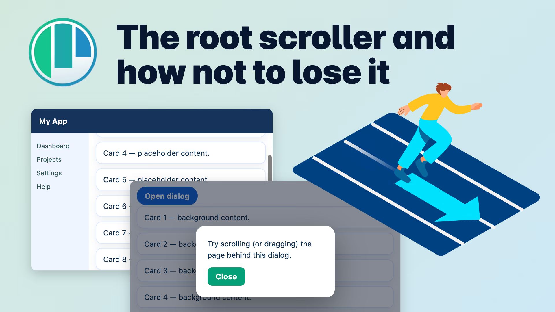Polypane logo, title “The root scroller and how not to lose it”, a person sliding down an arrow, and an app demo with a dialog “Try scrolling (or dragging) the page behind this dialog.”