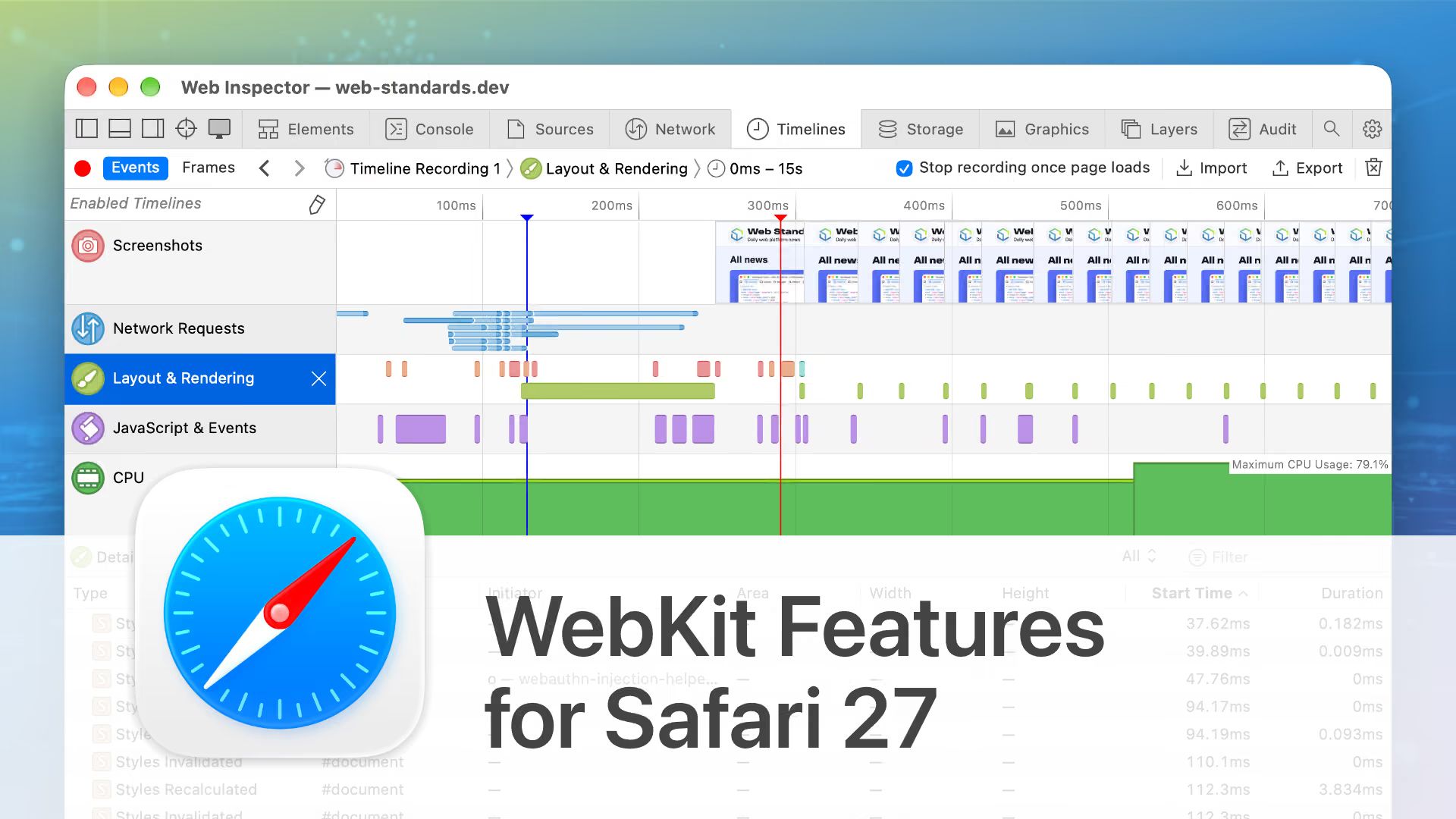 Safari Web Inspector Timelines view with Layout & Rendering, JavaScript & Events, CPU, and Memory graphs, overlaid by the Safari icon and the headline “WebKit Features for Safari 27”.