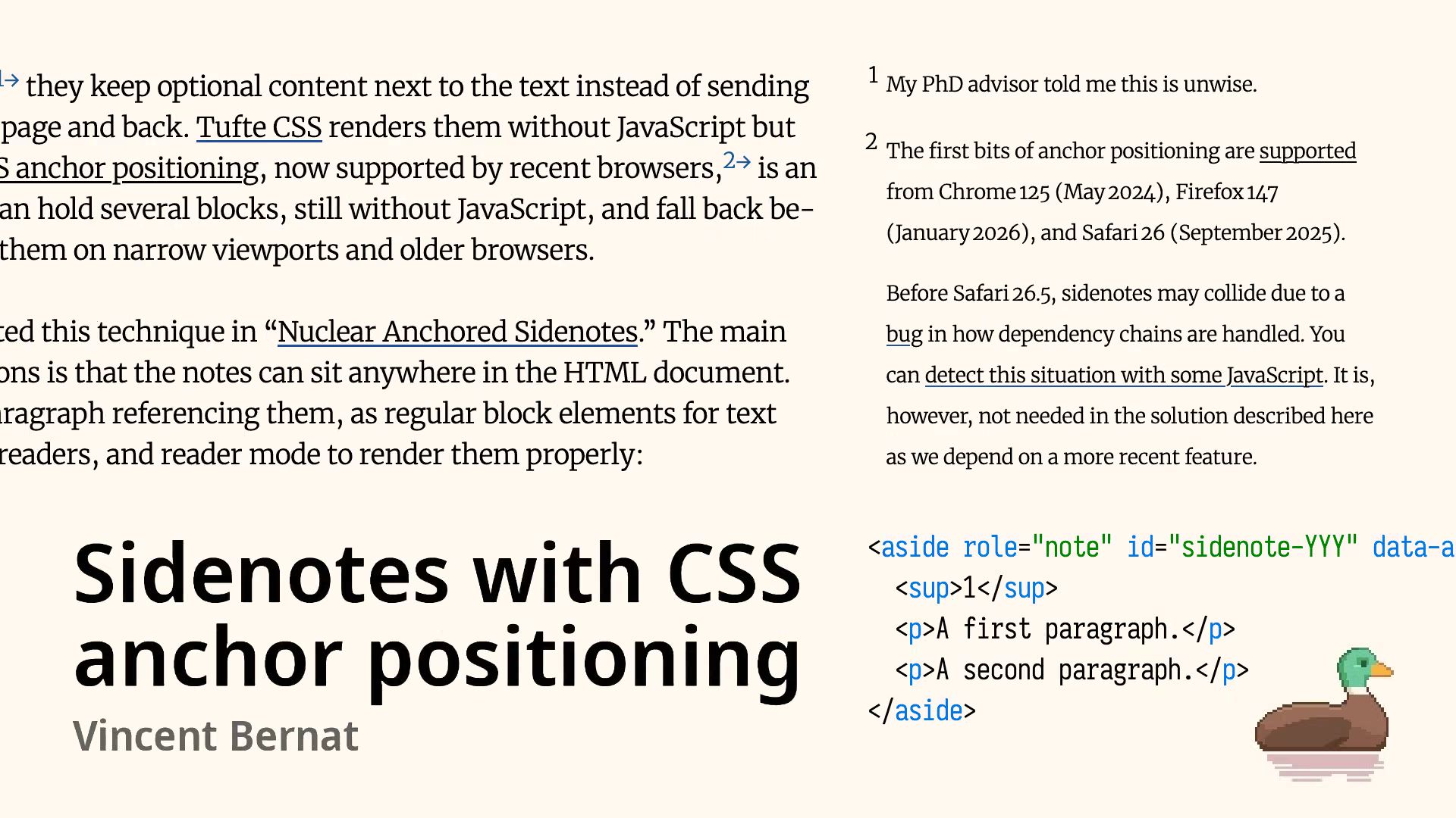 Article text with sidenotes in the right margin, one reading “My PhD advisor told me this is unwise.”, an HTML snippet, and the title “Sidenotes with CSS anchor positioning” by Vincent Bernat.