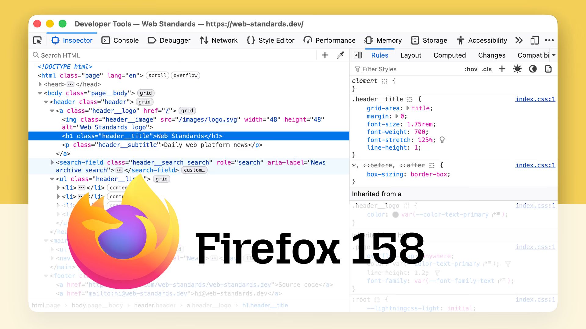Screenshot of browser developer tools with the Inspector panel open on web-standards.dev, a large Firefox logo overlaid, and the text “Firefox 158”.