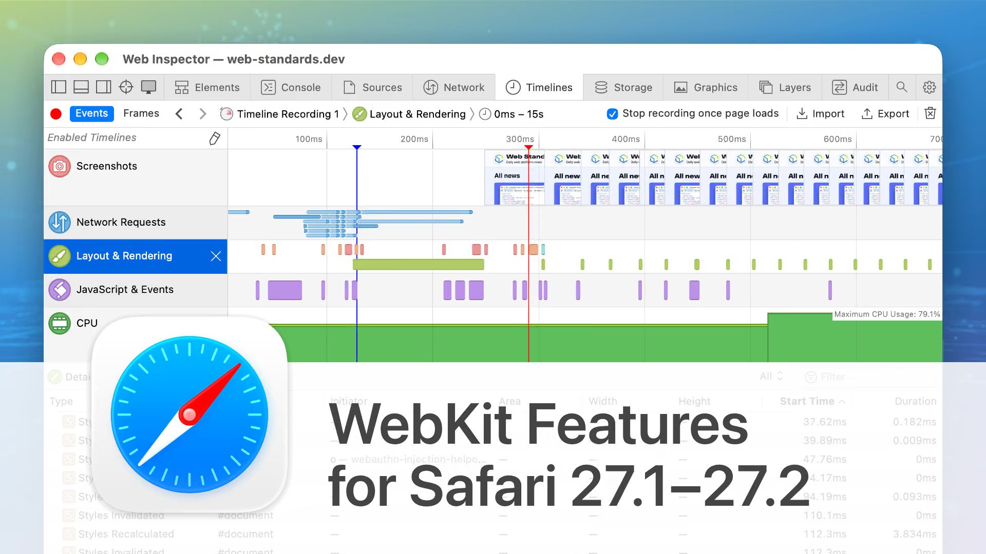 Safari Web Inspector Timelines for web-standards.dev with Layout & Rendering, JavaScript & Events, and CPU graphs, the Safari icon, and the headline “WebKit Features for Safari 27.1–27.2”.